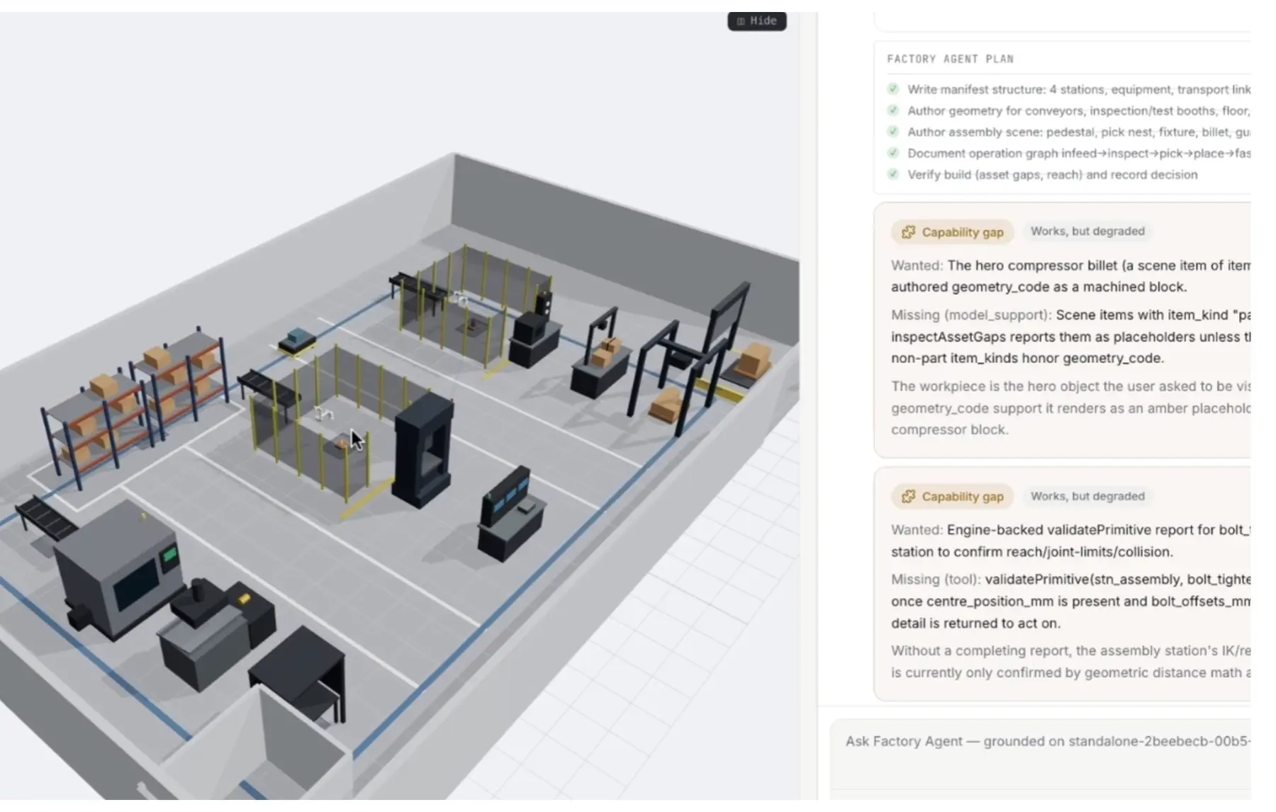 3D factory layout with the agent plan and readiness findings