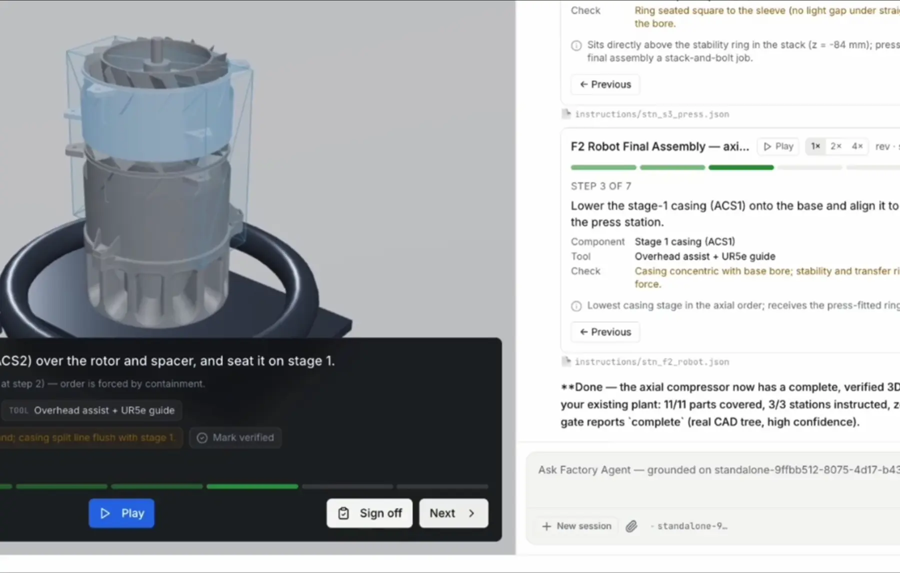 Step-by-step 3D assembly instruction with verification checks and sign-off
