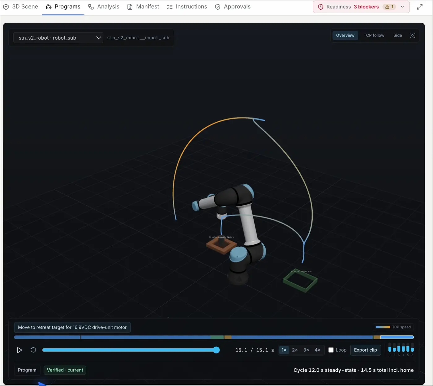 Six-axis robot executing an agent-authored pick-and-place program with trajectory preview