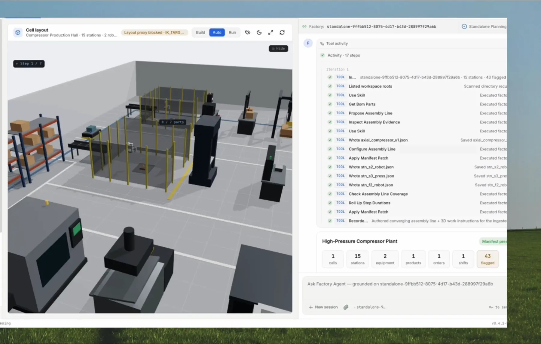 Factory scene beside the agent's learned skills and applied patches